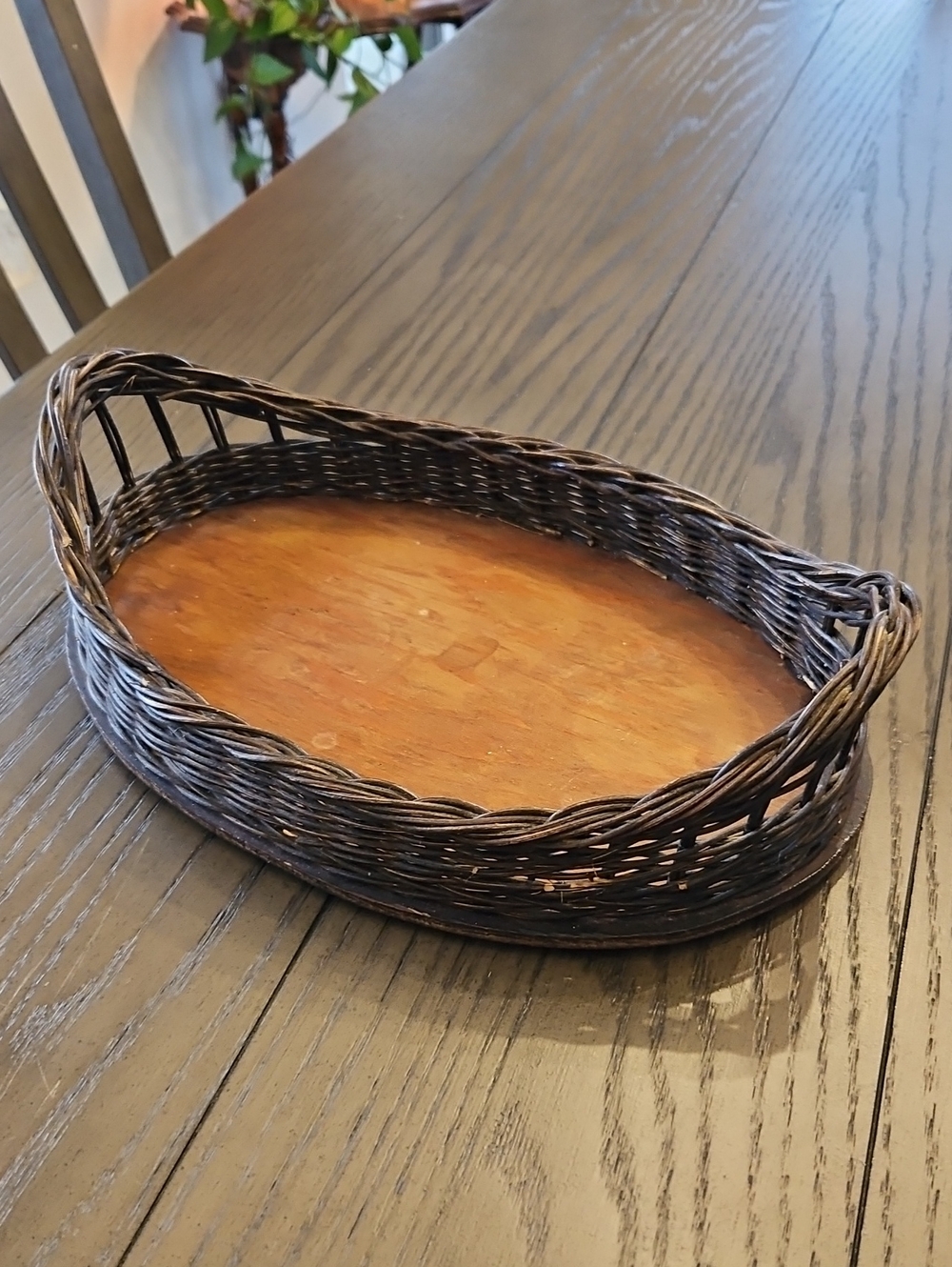 Vintage Dark Brown Oval Wicker Tray with Wood Bottom
